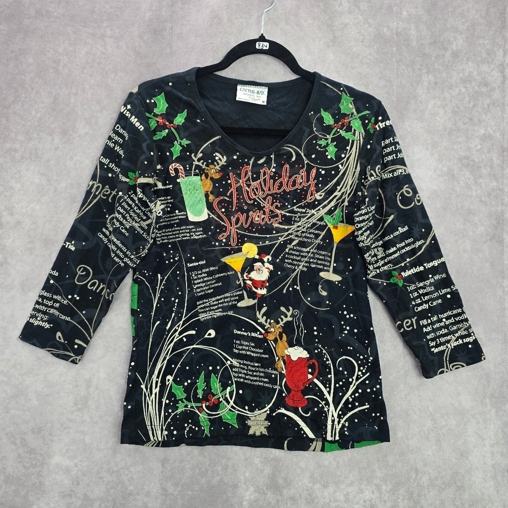 Cactus Bay‎ Black Christmas Holiday Festival Y2K VTG Artsy Print Top Medium